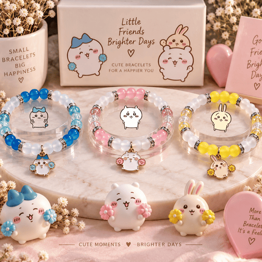 Chiikawa bracelets in blue, pink and yellow with charms and plush figures - Beads by Nia
