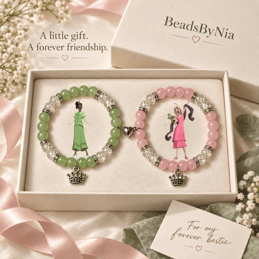 Green and pink Tiana and Lottie bracelets boxed with a forever friendship card - Beads by Nia