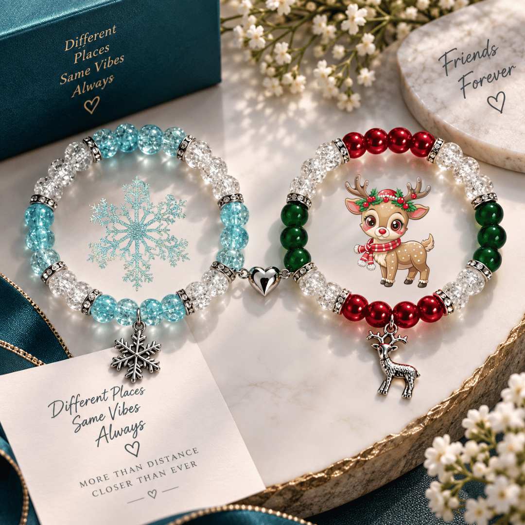 Snowflake and reindeer Christmas matching bracelets with a friendship note card - Beads by Nia