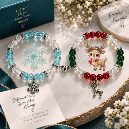 Snowflake and reindeer Christmas matching bracelets with a friendship note card - Beads by Nia