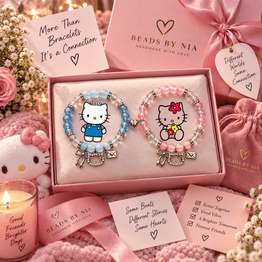 Hello Kitty and Dear Daniel bracelets in a pink gift box with note cards - Beads by Nia