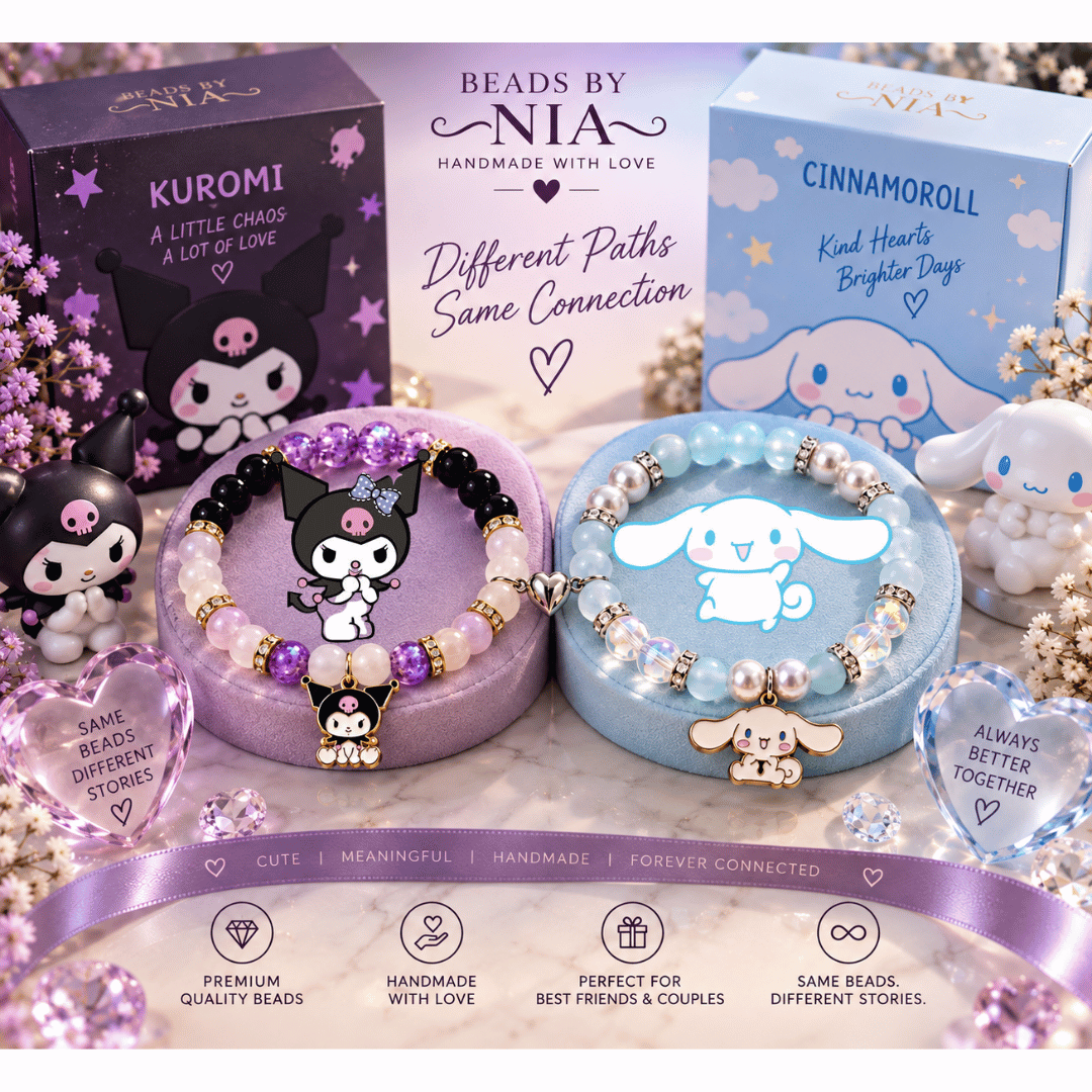 Kuromi and Cinnamoroll matching bracelets in purple and blue on display tins - Beads by Nia