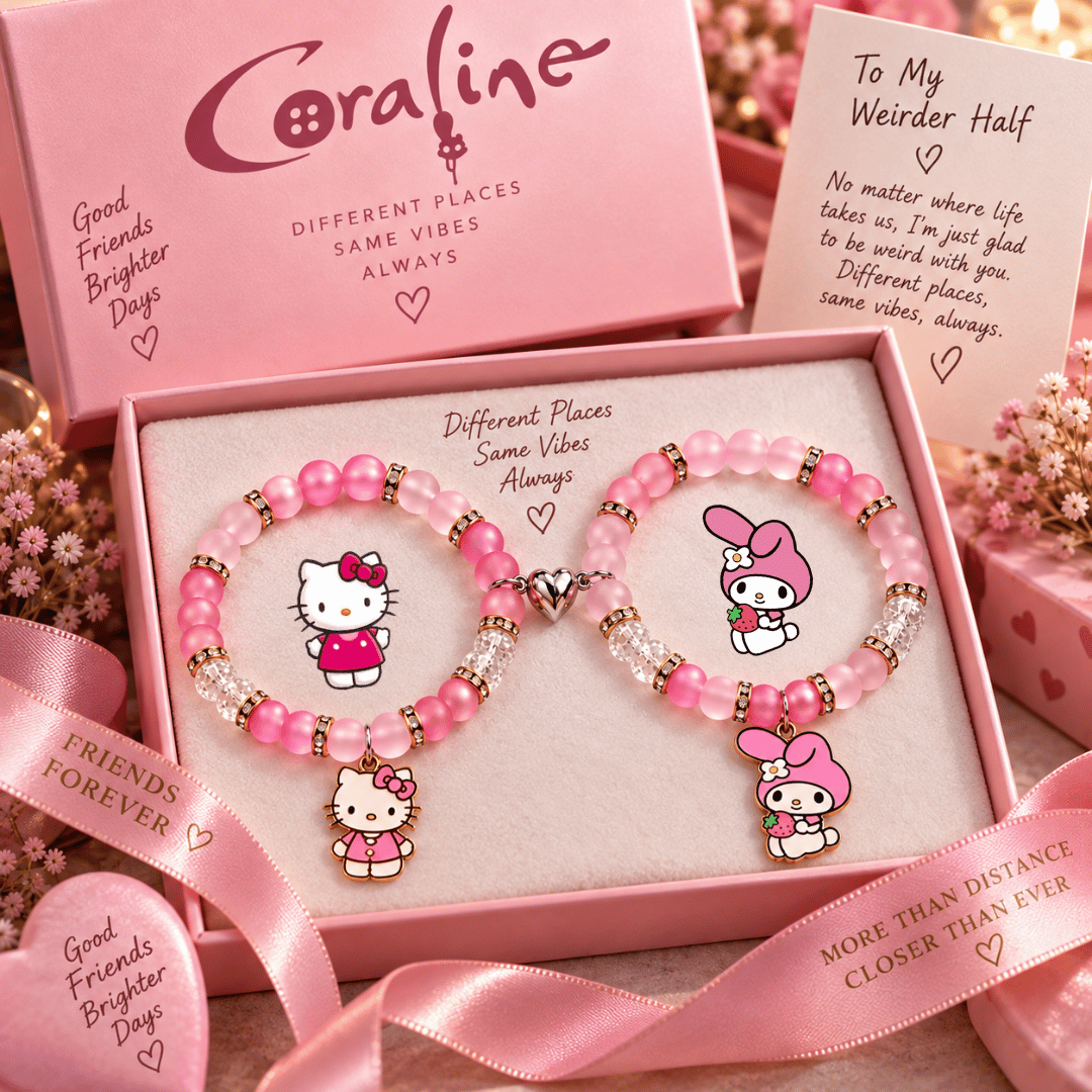 Hello Kitty and My Melody matching bracelets in a pink gift box with ribbon - Beads by Nia