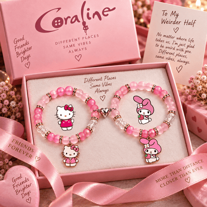 Hello Kitty and My Melody matching bracelets in a pink gift box with ribbon - Beads by Nia