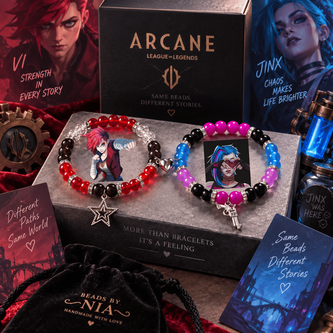 Jinx and Vi Arcane bracelet set with star and gun charms and a pouch - Beads by Nia
