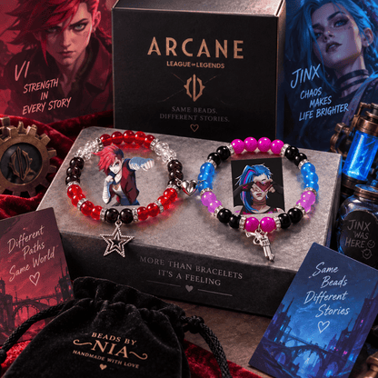 Jinx and Vi Arcane bracelet set with star and gun charms and a pouch - Beads by Nia
