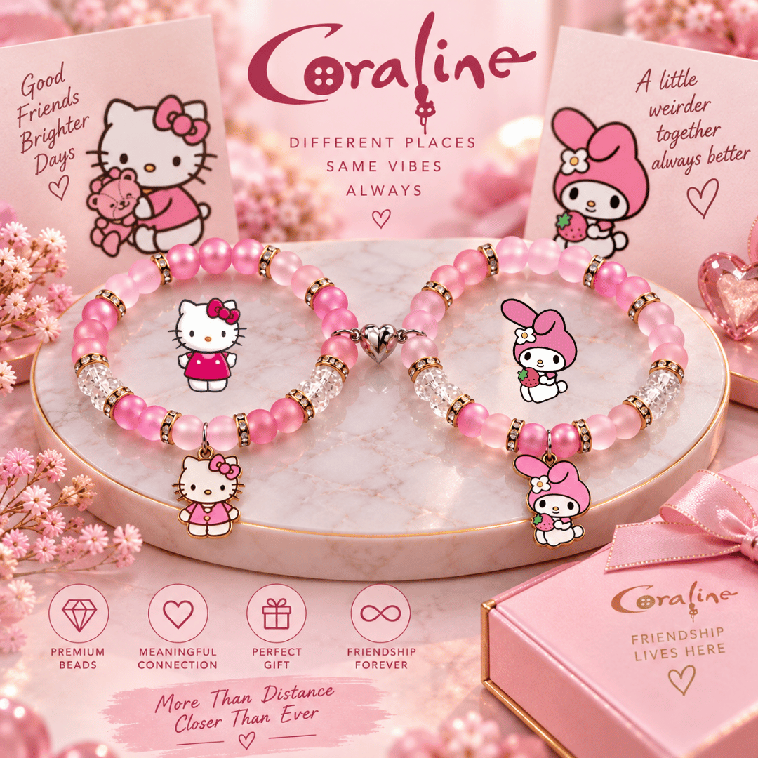 Hello Kitty and My Melody matching bracelets with pink gift packaging - Beads by Nia