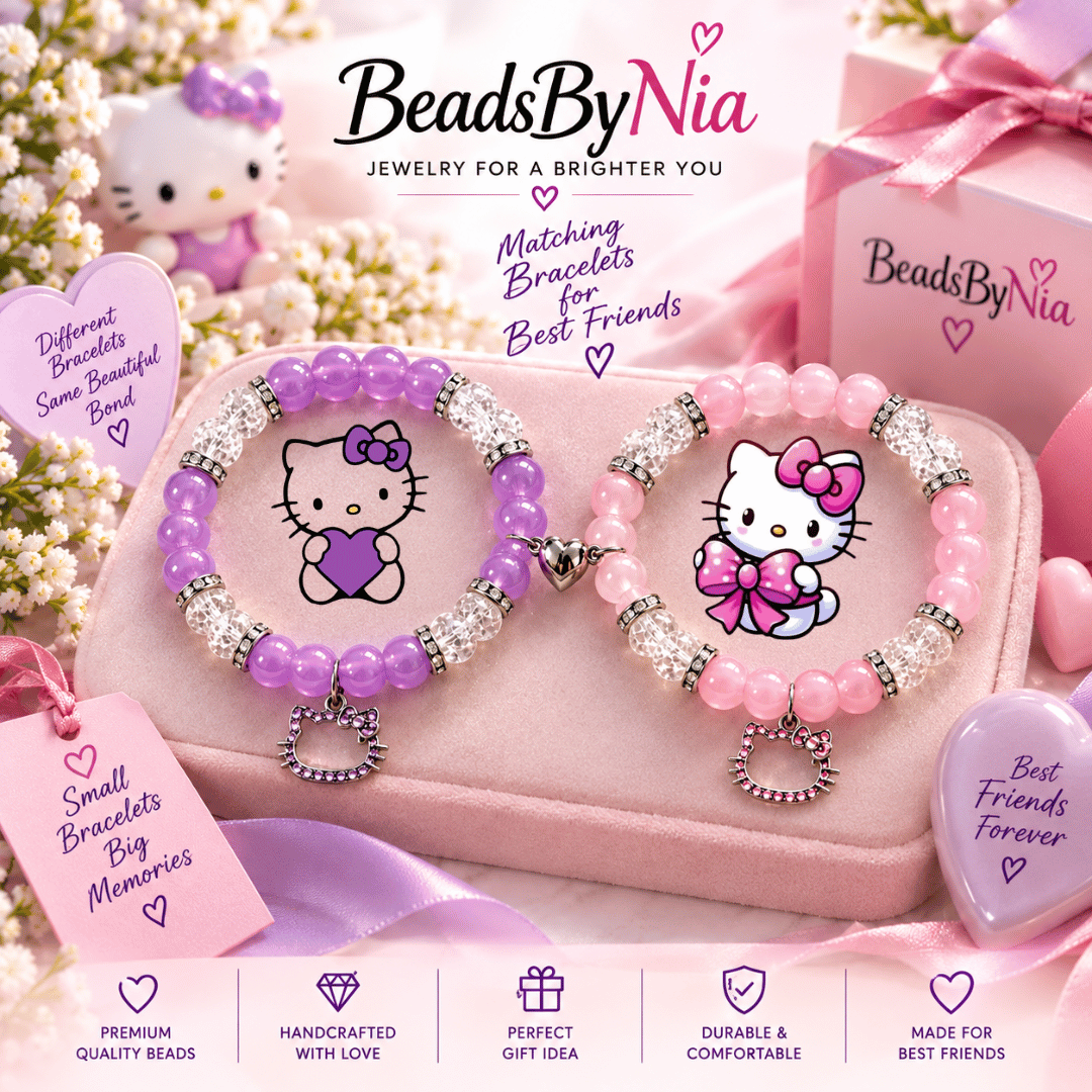 Pink and purple Hello Kitty bracelets with best friends cards and packaging - Beads by Nia