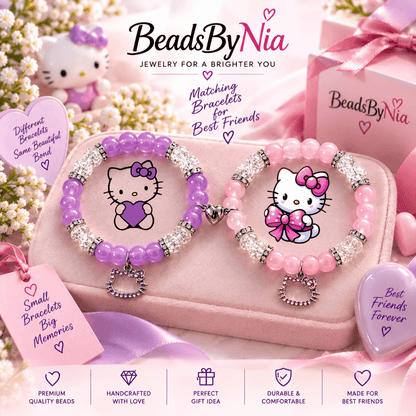 Pink and purple Hello Kitty bracelets with best friends cards and packaging - Beads by Nia