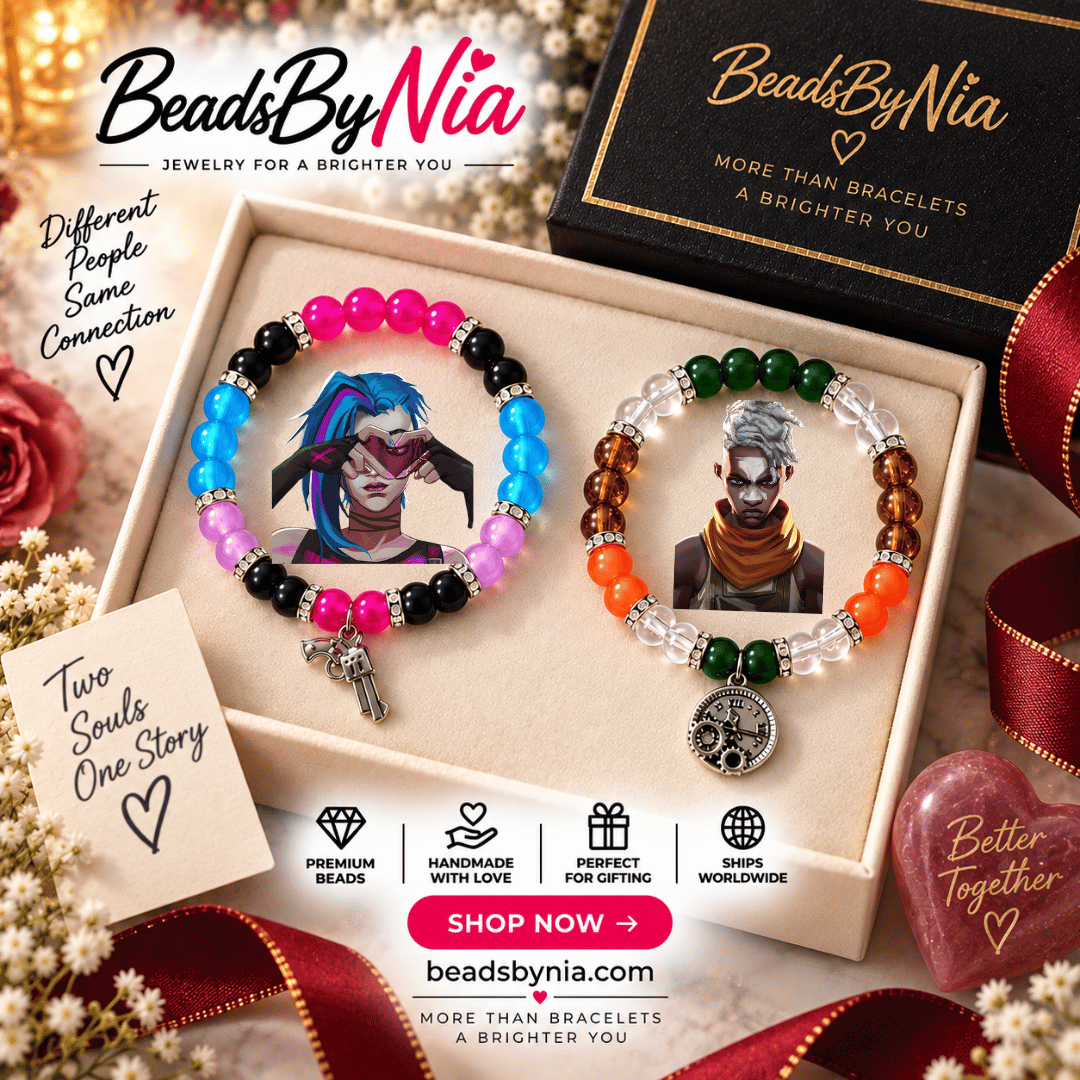 Jinx and Ekko Arcane bracelets with gun and clock charms in a gift box - Beads by Nia