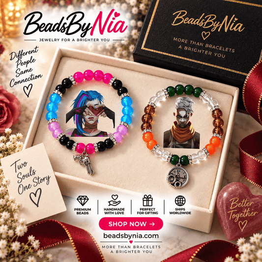 Jinx and Ekko Arcane bracelets with gun and clock charms in a gift box - Beads by Nia