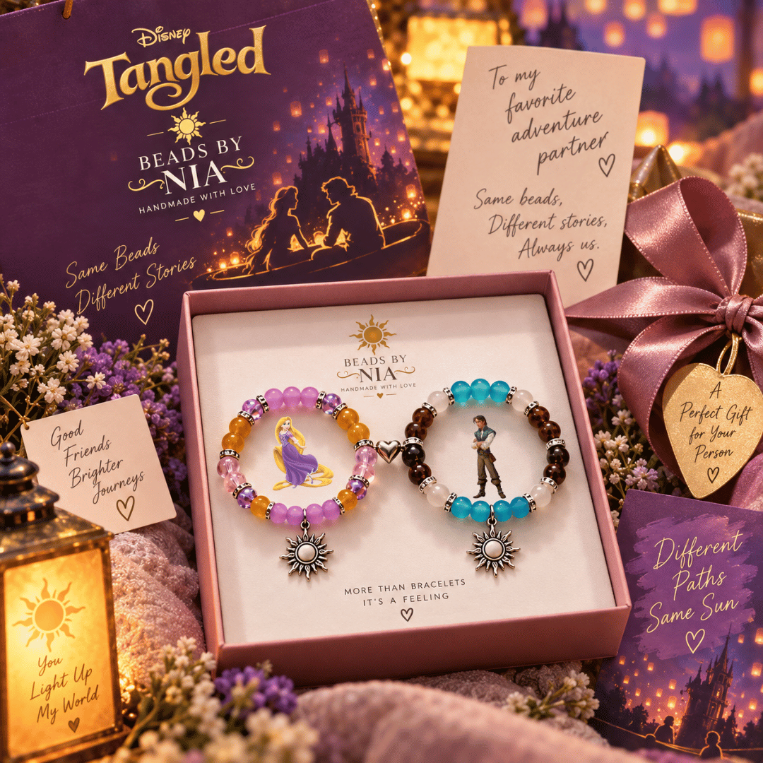 Rapunzel and Flynn matching bracelets in a gift box with lantern decor - Beads by Nia
