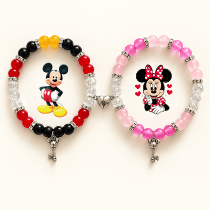 Mickey and Minnie beaded bracelets with character charms on cream satin - Beads by Nia