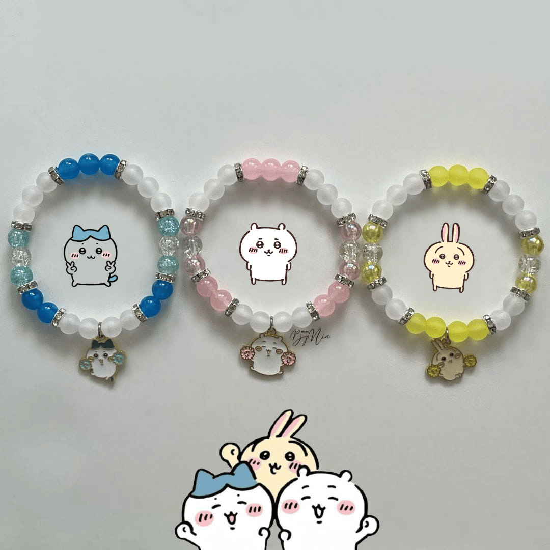 Three Chiikawa beaded bracelets in blue, pink and yellow with character charms - Beads by Nia