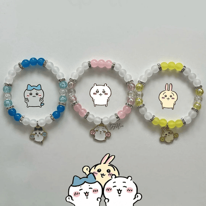 Three Chiikawa beaded bracelets in blue, pink and yellow with character charms - Beads by Nia