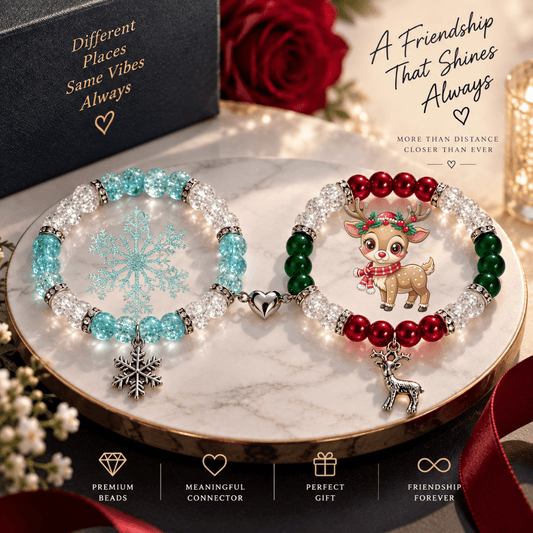Christmas snowflake and reindeer bracelets on marble with a red rose and gift card - Beads by Nia