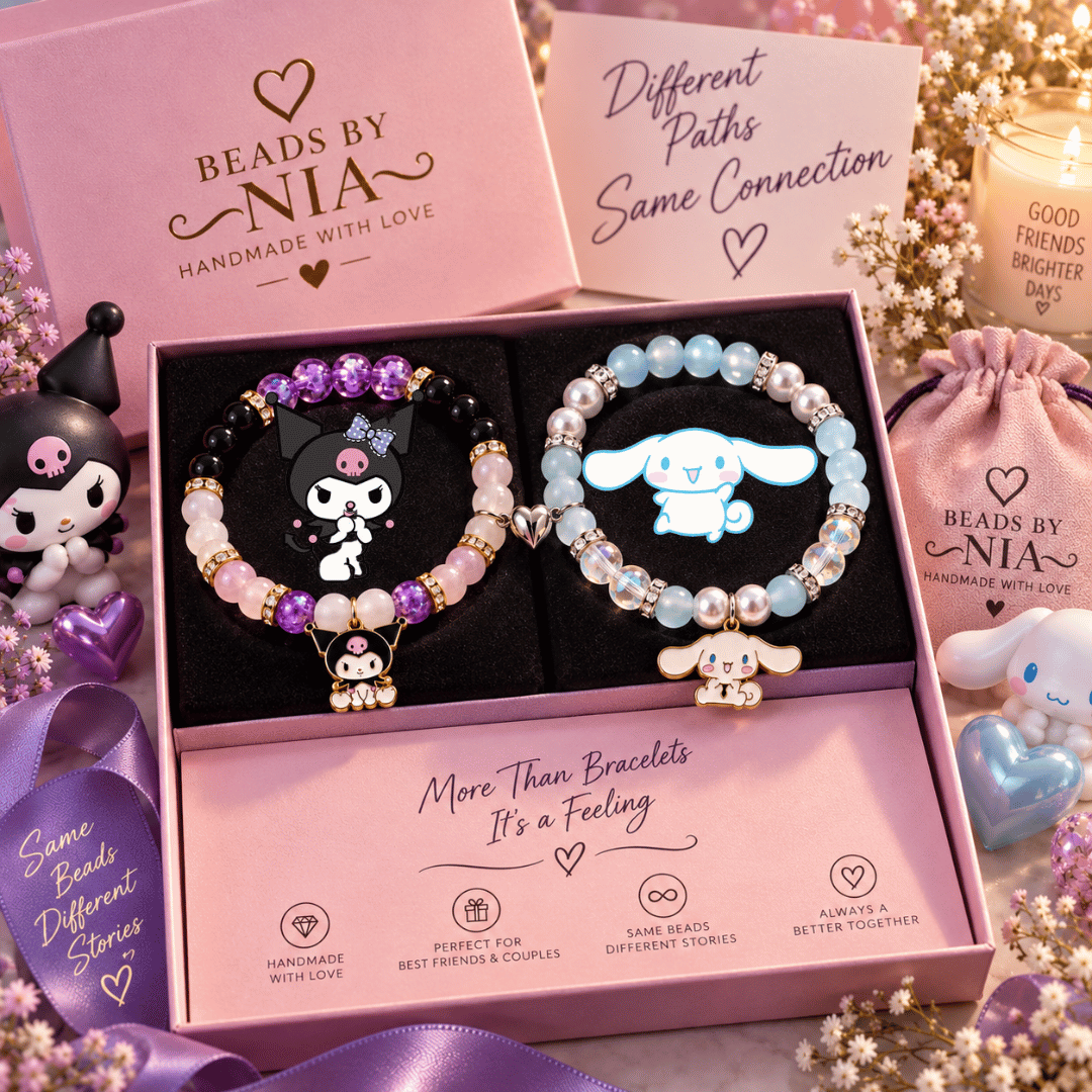 Kuromi and Cinnamoroll bracelet set in a pink gift box with a velvet pouch - Beads by Nia