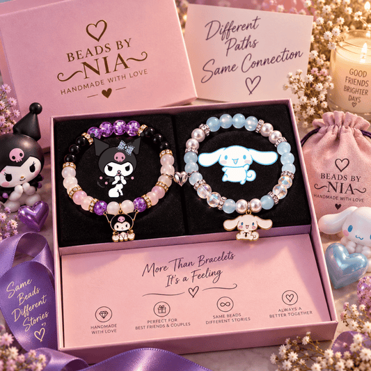 Kuromi and Cinnamoroll bracelet set in a pink gift box with a velvet pouch - Beads by Nia