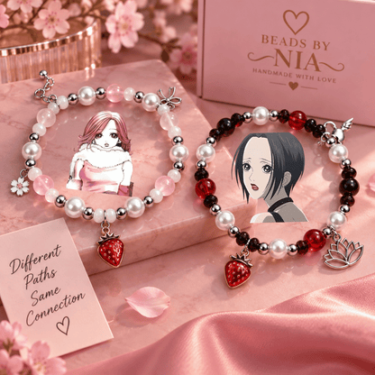Nana and Hachi bracelets with photo charms and strawberry pendants on pink satin