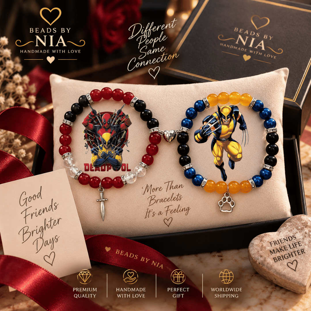 Deadpool and Wolverine bracelets in red and yellow with character art - Beads by Nia