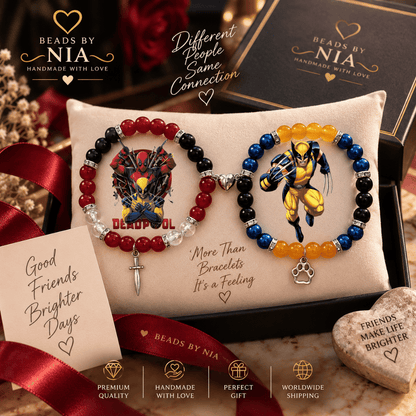 Deadpool and Wolverine bracelets in red and yellow with character art - Beads by Nia