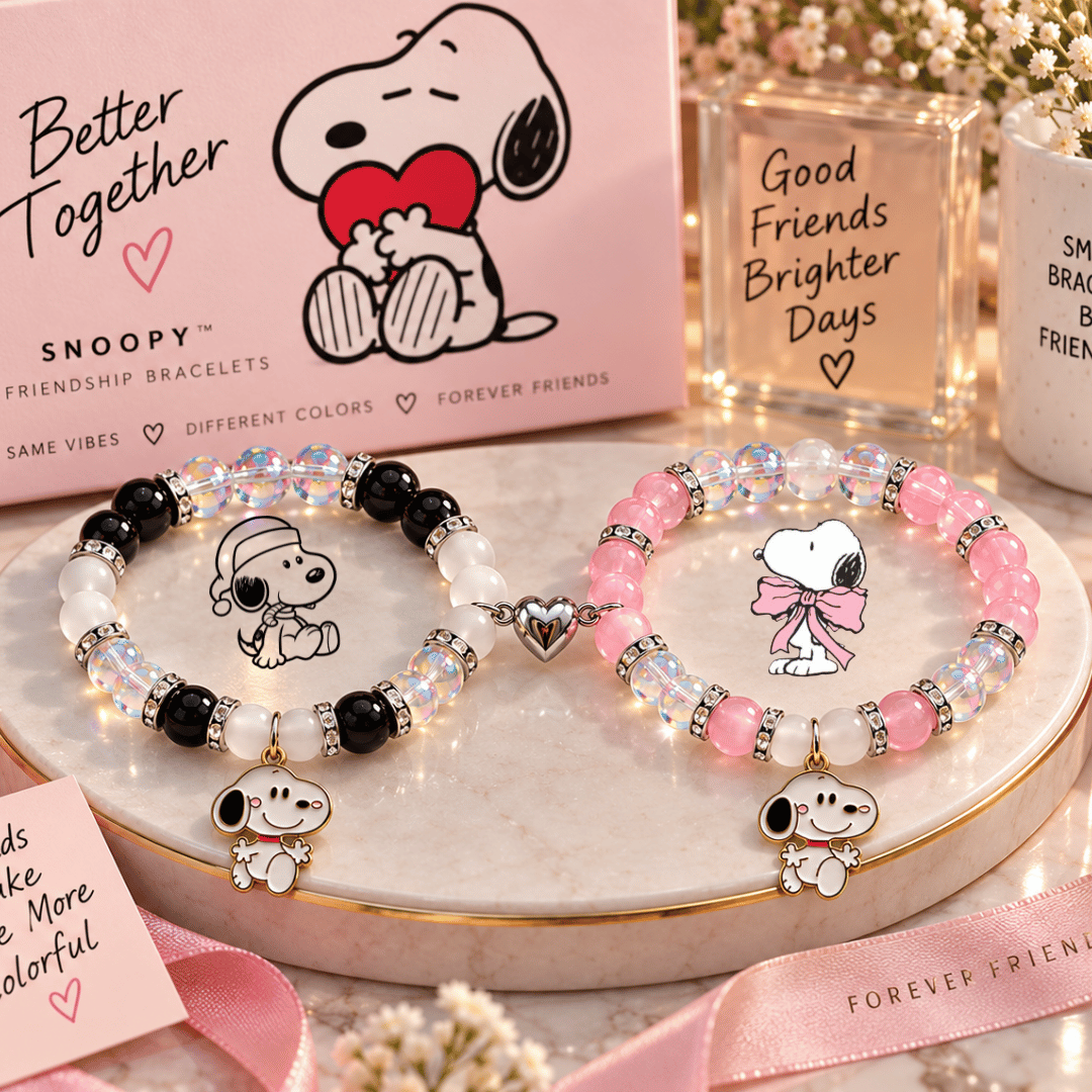 Snoopy matching bracelets on a cream stand with Better Together cards - Beads by Nia
