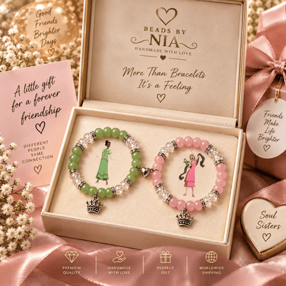 Tiana and Lottie matching BFF bracelets in a cream gift box with a note card - Beads by Nia