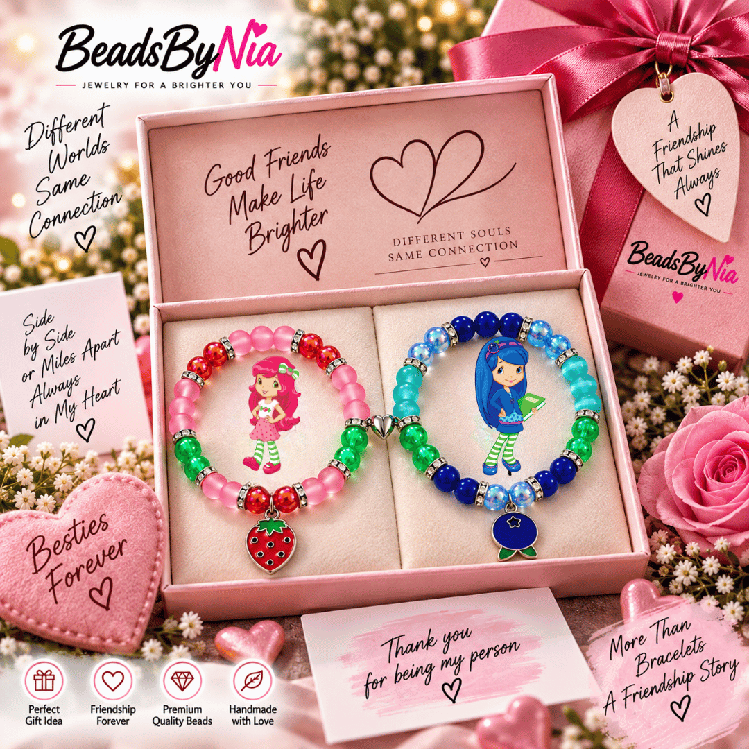 Strawberry Shortcake and Blueberry Muffin bracelet set in a gift box with roses - Beads by Nia