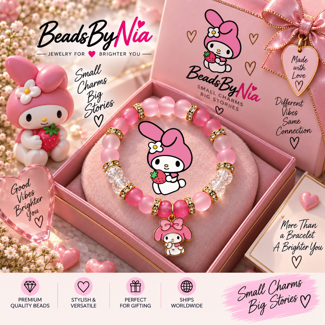 My Melody single bracelet in pink beads with character art and a plush toy - Beads by Nia