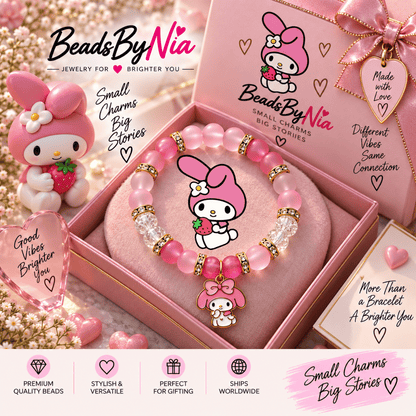 My Melody single bracelet in pink beads with character art and a plush toy - Beads by Nia