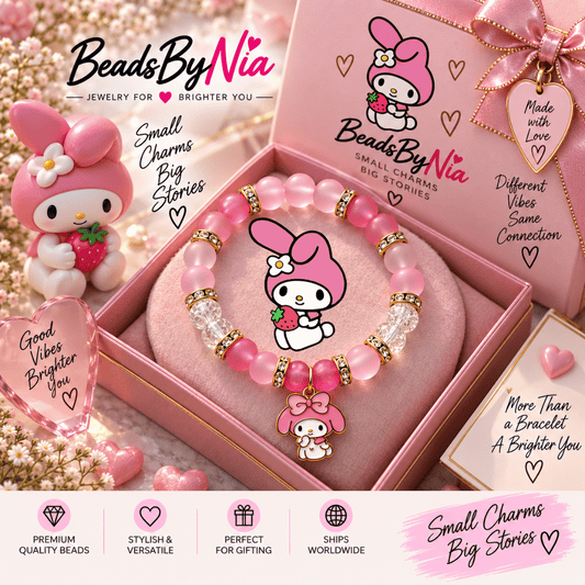 My Melody single bracelet in pink beads with character art and a plush toy - Beads by Nia