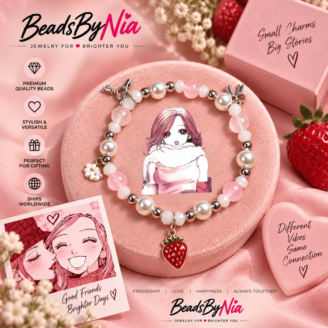 Hachi bracelet in pink and pearl beads with photo card and strawberry charm and berries