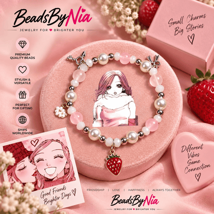 Hachi bracelet in pink and pearl beads with photo card and strawberry charm and berries