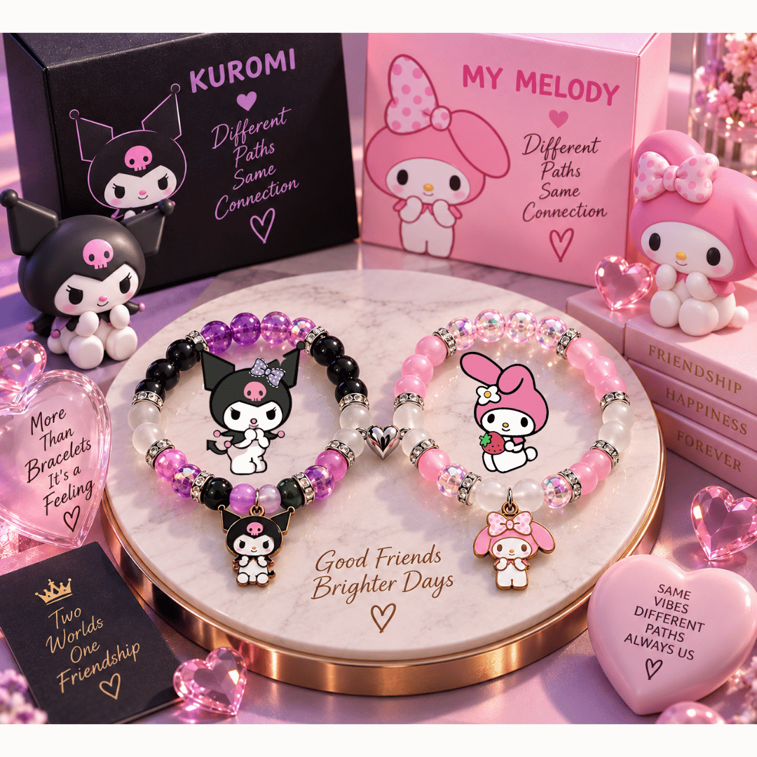 Kuromi and My Melody matching bracelets with Sanrio plush toys and charms - Beads by Nia
