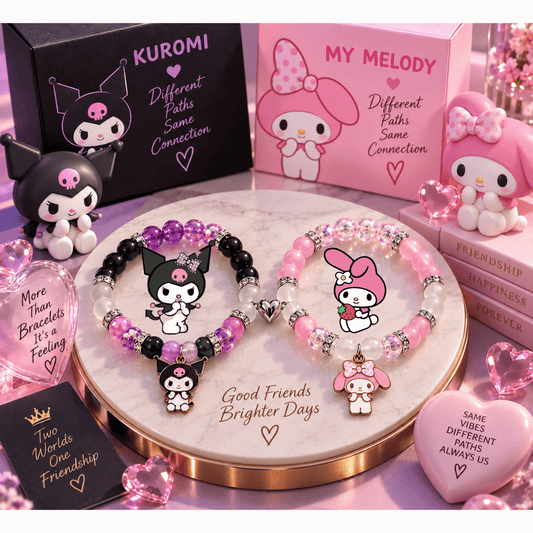 Kuromi and My Melody matching bracelets with Sanrio plush toys and charms - Beads by Nia