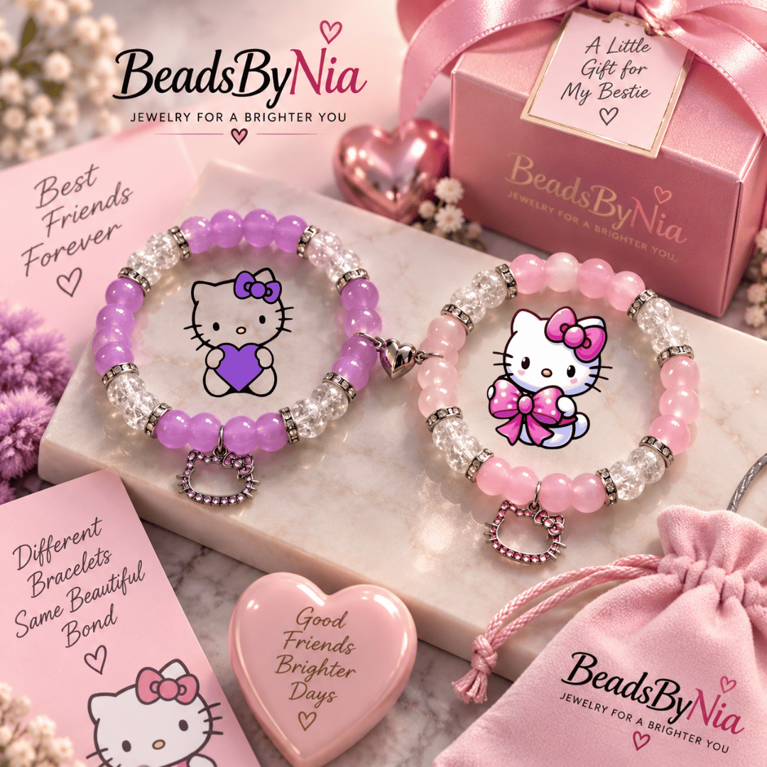 Pink and purple Hello Kitty matching bracelets with a velvet pouch and tag - Beads by Nia