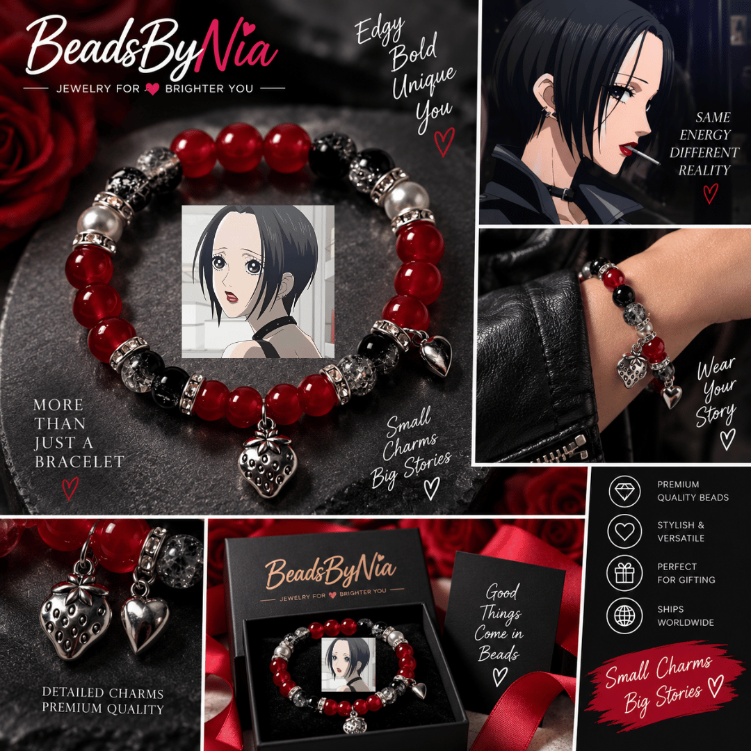 Nana single bracelet in red and black beads with photo charm and heart pendant