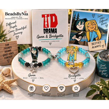 Total Drama Gwen and Bridgette bracelets on a wood stand with friendship cards