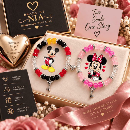 Mickey and Minnie matching bracelets in a gift box with a gold heart trinket - Beads by Nia
