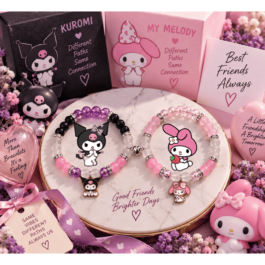 Kuromi and My Melody bracelets on a pink stand with a best friends card - Beads by Nia