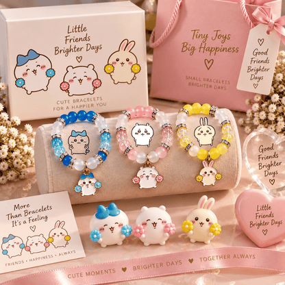 Chiikawa matching bracelet trio on a cream tray with tiny plush toys - Beads by Nia
