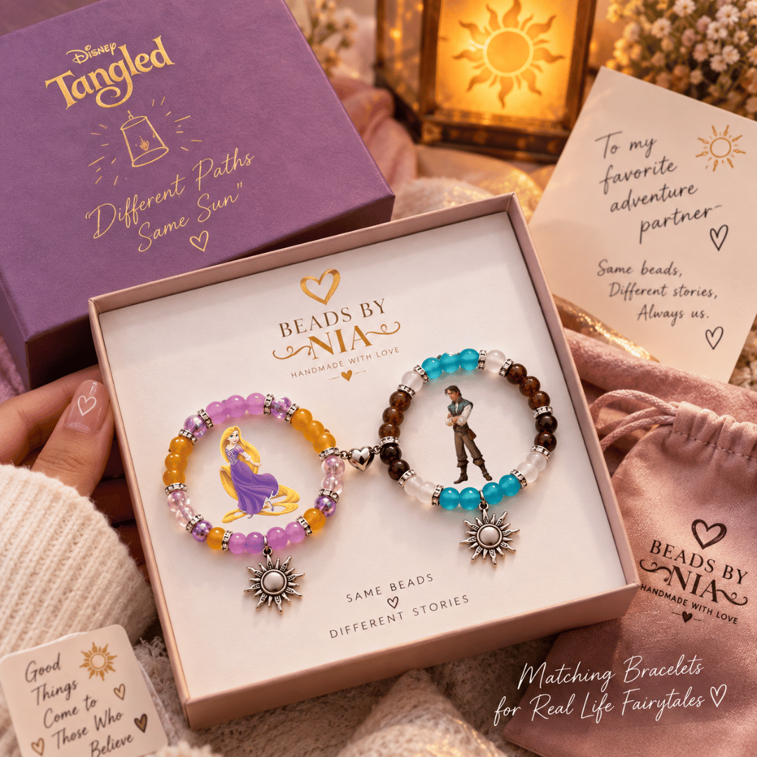 Rapunzel and Flynn Tangled bracelets boxed with sun charms and gift cards - Beads by Nia