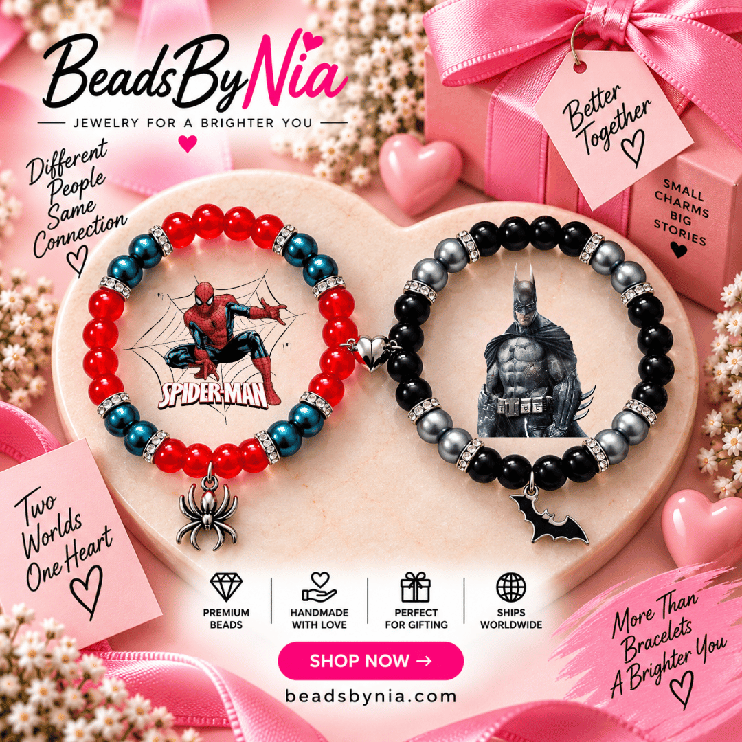 Spiderman and Batman matching bracelets in red and black with character art