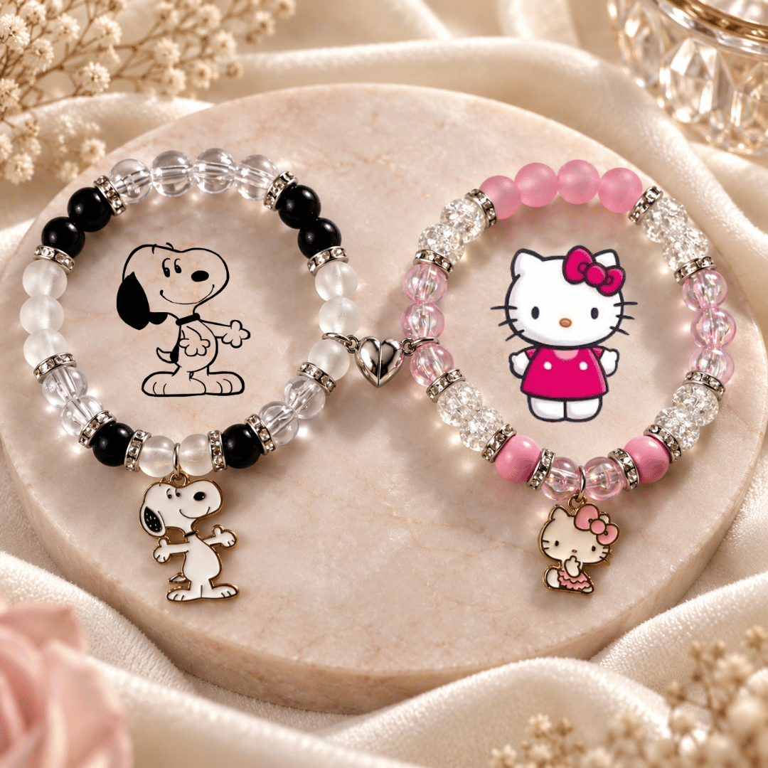 Snoopy and Hello Kitty bracelets on pink satin with character charms - Beads by Nia