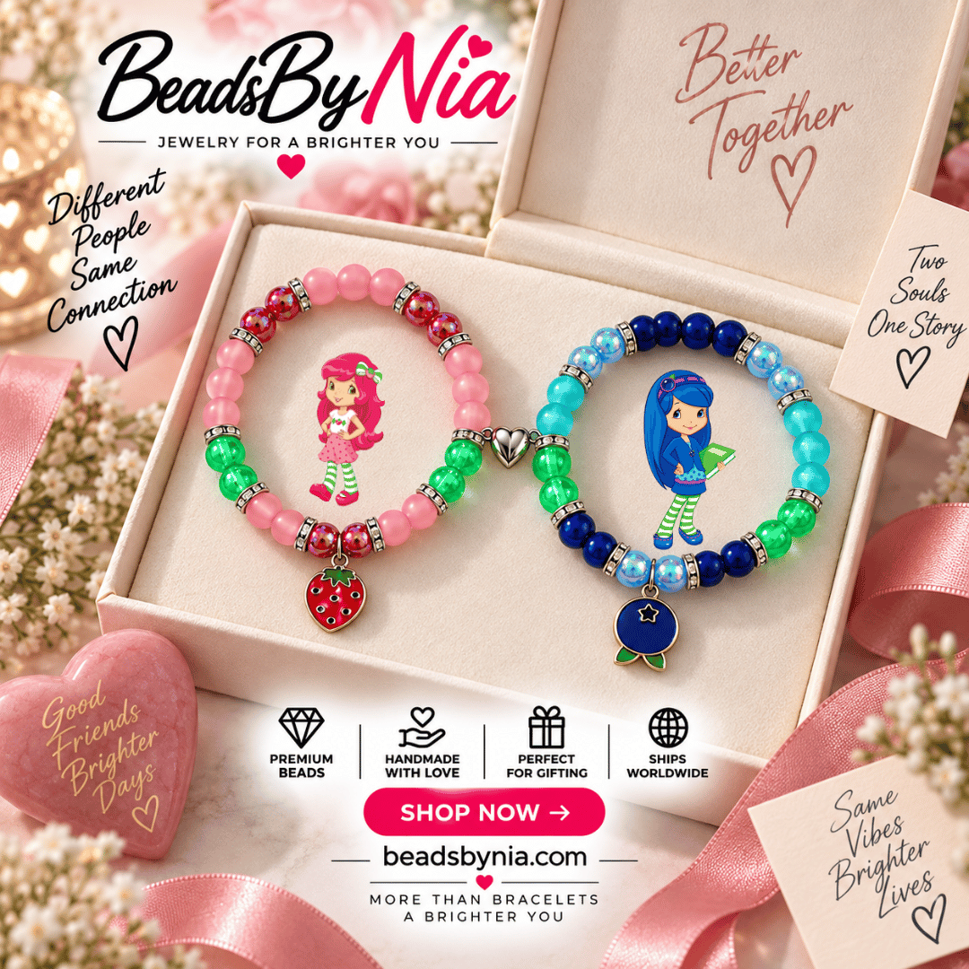 Pink and blue Strawberry Shortcake and Blueberry Muffin matching bracelets - Beads by Nia