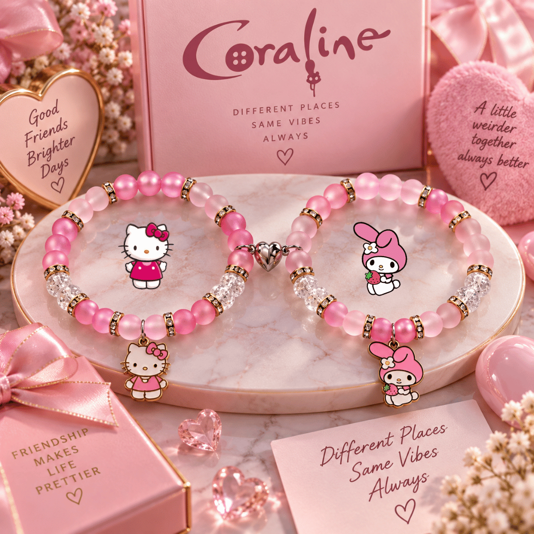 Hello Kitty and My Melody beaded bracelets on a pink display tray - Beads by Nia