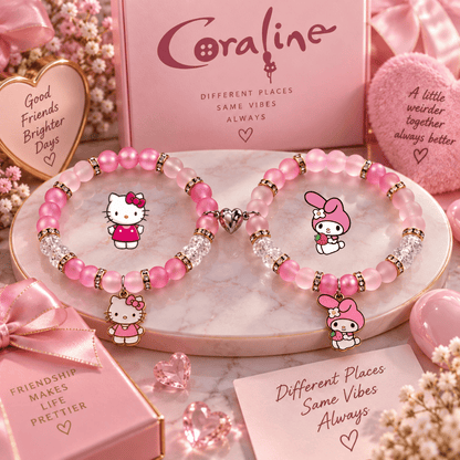 Hello Kitty and My Melody beaded bracelets on a pink display tray - Beads by Nia