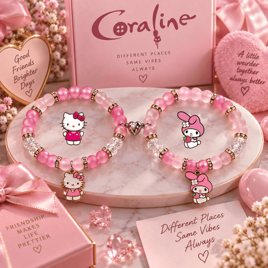 Hello Kitty and My Melody beaded bracelets on a pink display tray - Beads by Nia