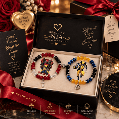 Deadpool and Wolverine matching bracelets in a cream gift box with charms - Beads by Nia