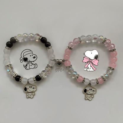 Two Snoopy beaded bracelets in grey and pink with Snoopy charms - Beads by Nia